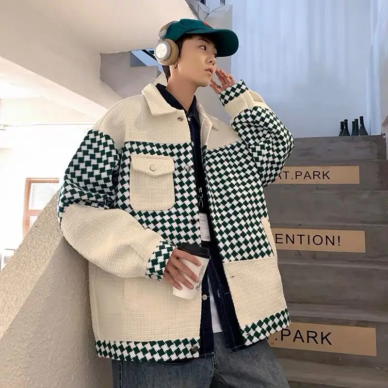 Checkerboard Grid Weave Plaid Spliced Men Jackets Spring Autumn Baseball Bomber Coat Men Vintage Houndstooth Chic Ins Kpop Coat