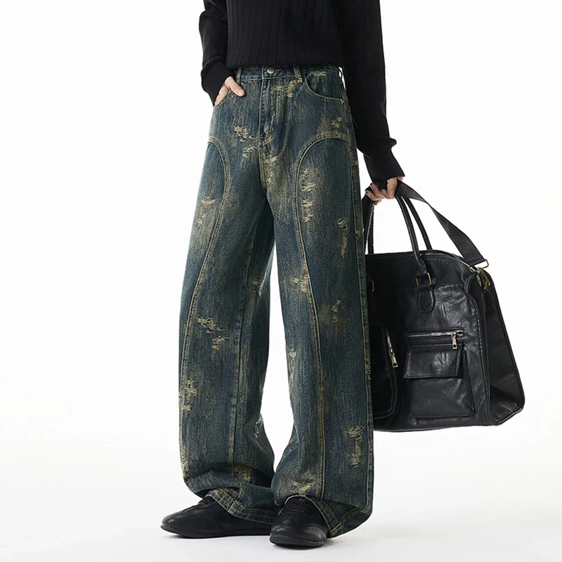 

Men's Vintage Washed Distressed Wide Leg Jeans Oversized Baggy Denim Long Pants Retro Soft Durable Casual Streetwear