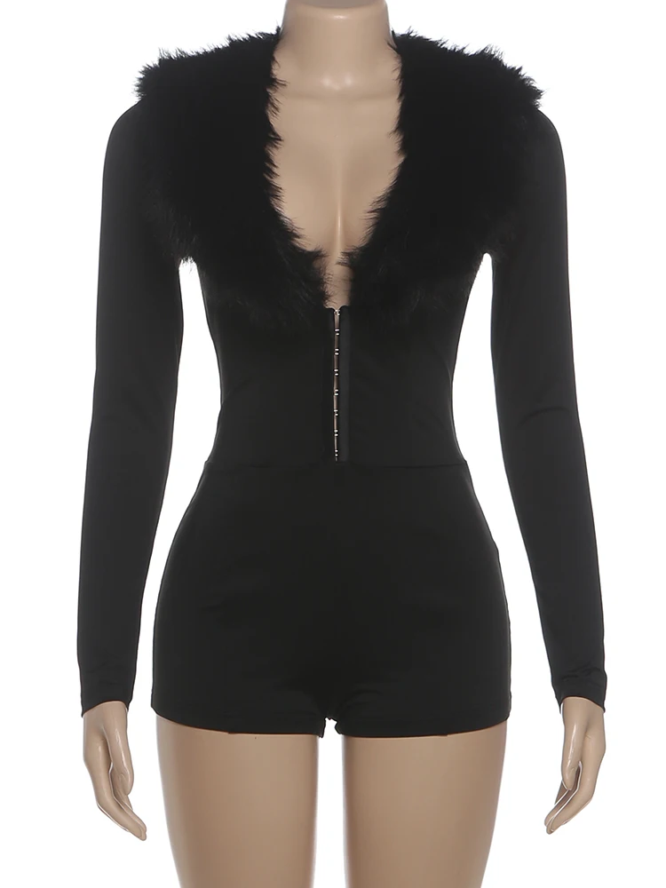 Sisterlinda Furry Patchwork Hipster Platysuits Donna Sexy Elegante monopetto Profondo scollo a V Manica intera Stretch Party Clubwear