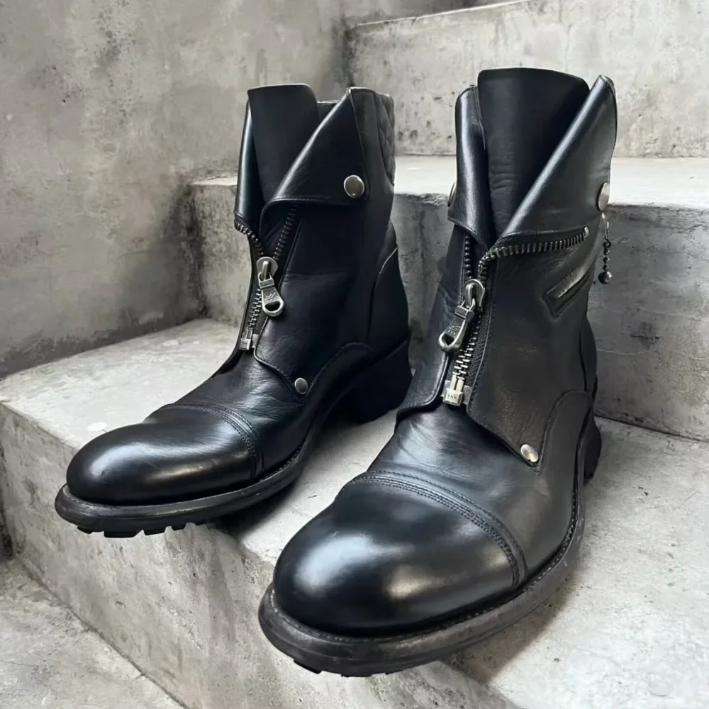 Men's Black Distressed Leather Motorcycle Boots Mid-calf Multi Zip Round Toe Retro Punk Streetwear Western Chelsae Boots
