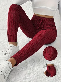 Gestrickte Slim-Fit-Hose für Damen mit geradem Bein, engem Bund und konischem Beindesign, bequem und modisch