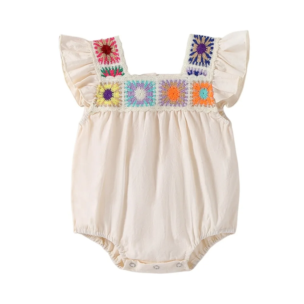 Ruffle Sleeveless Baby Girl Romper Square Neck Crochet Floral Onesie Bubble Romper Boho Outfit Infant Bodysuit Summer Clothes