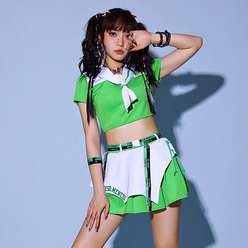 

Green White Cheerleader Costume Kpop Girl Group Stage Outfit Crop Top Skirt Shorts set Sporty Korean Idol Style Hip Hop Dance