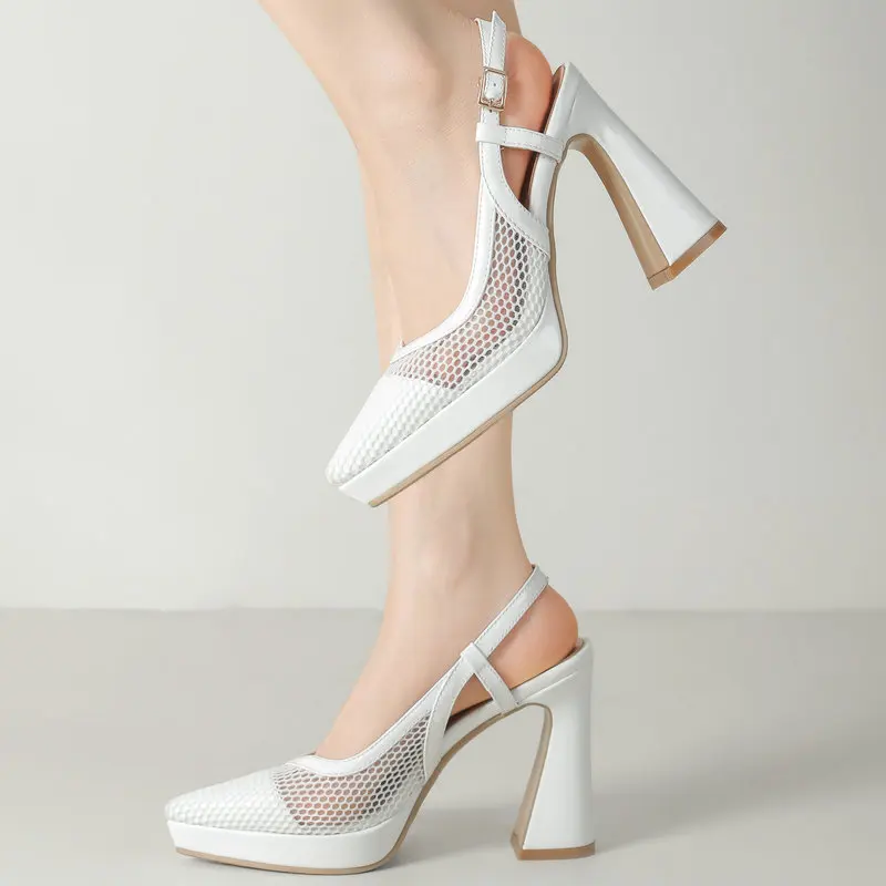 

Mesh Net Sparkly Pointed Toe Sexy Women Summer Shoes Platform Thick High Heels Slingbacks White Sandals for Wedding Brides Party