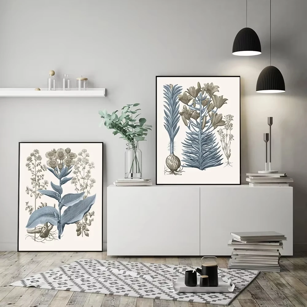 Klassische Vintage-Wandkunst, blau-grüne Blumen-Ölgemälde, Bilder, HD-Leinwanddruck, Poster, Dekoration für Zuhause, Wohnzimmer, Schlafzimmer