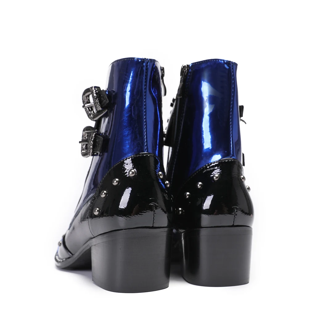 Black Blue Patchwork Patent Leather Men Short Boots Fashion Party Dress Boot Business Office Ankle Boot Plus Size Cowboy Boots