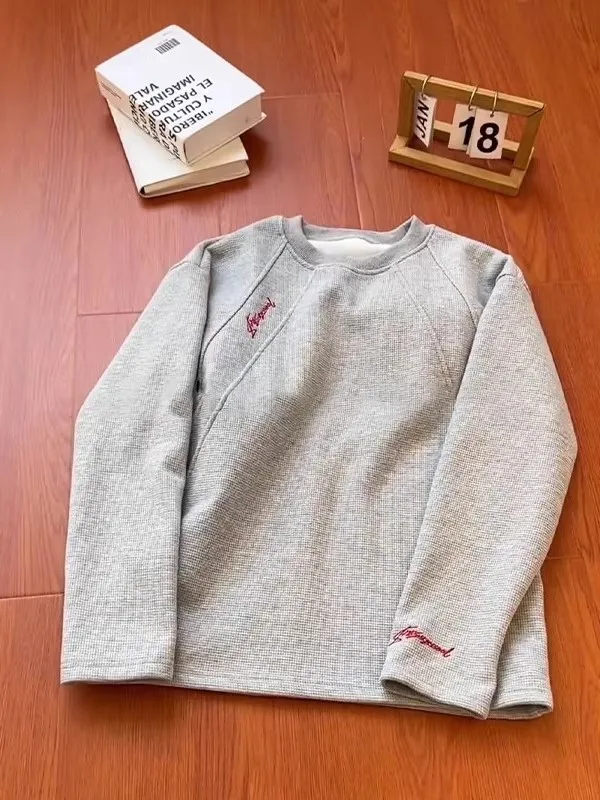 

American Style Red Label Embroidered Fleece Lined round Neck Sweatshirt Men's Autumn Winter Patchwork Long Sleeve T-Shirt Bas...