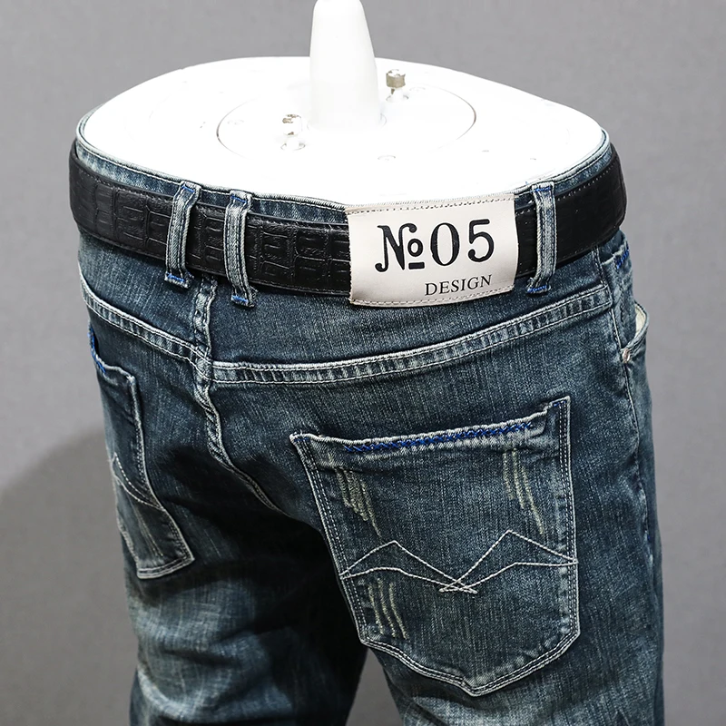 Newly Designer Fashion Men Jeans Retro Blue Elastic Slim Ripped Jeans Men Casual Straight Trousers Vintage Denim Pants Hombre