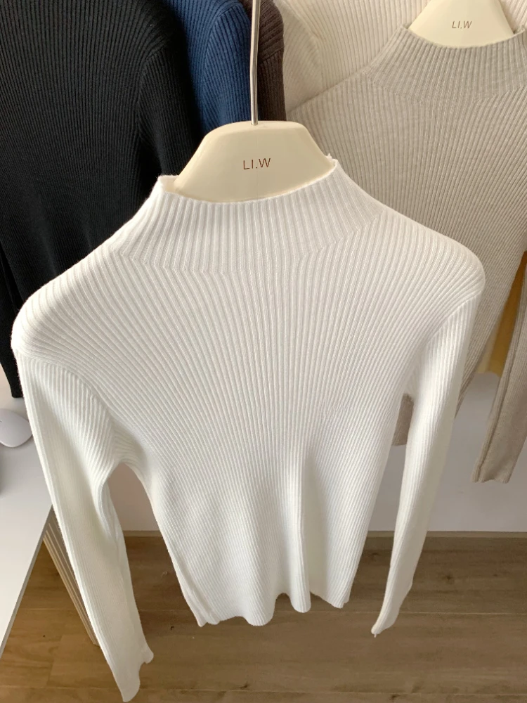 Otoño Invierno mujer manga larga Jersey de punto cuello alto acanalado manga larga suéter suave cálido mujer Jumper ropa de mujer