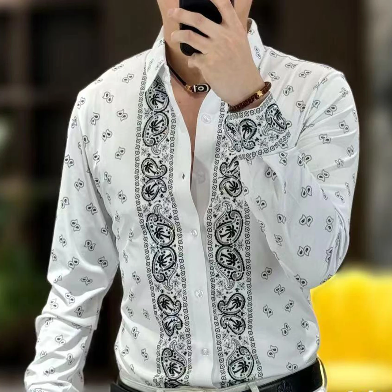 Camisa hawaiana de manga larga para hombre, camisa Masculina de lujo con estampado dorado de Cachemira, blusa informal barroca