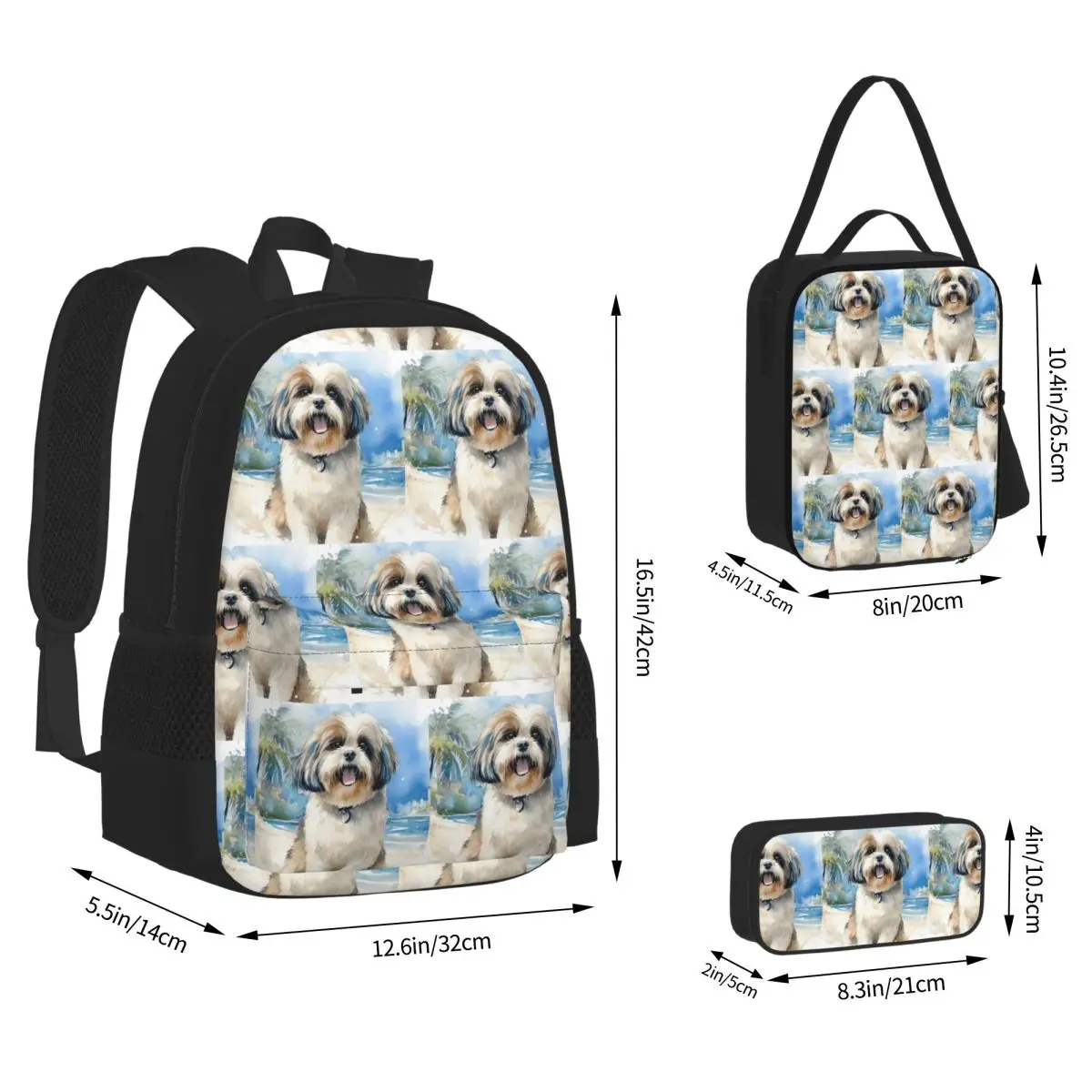 Shih Tzu On The Beach Backpacks Students Bookbag School Bags Kids Rucksack Lunch Bag Pen Bag Three-Piece Set