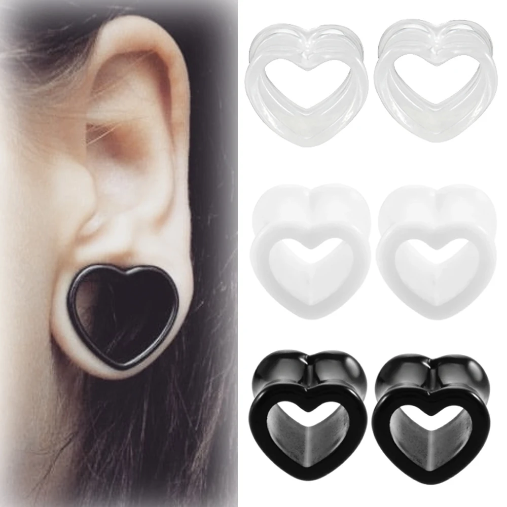 1Pair Heart Shape Ear Flesh Tunnel Hollow Plugs Gauge Earrings Expander Stretcher Acrylic Body Jewelry 4mm-25mm Black White