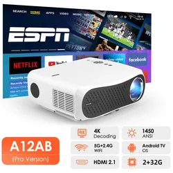 Projecteur Haute Luminosité 4K, 1450 ANSI, 5G, Wifi, Android TV, OS pour Home Movie Video Qurtors Theater Cinema LasErs