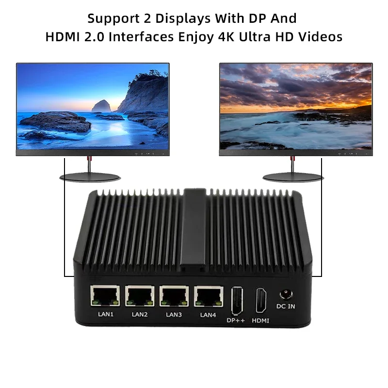 Cele-Ron J6426 كمبيوتر صناعي صغير الجيل الثاني عشر بدون مروحة رباعي النواة DDR4 4 * LAN HD VGA منفذ عرض 16G يدعم SSD + HDD Win10/Linux