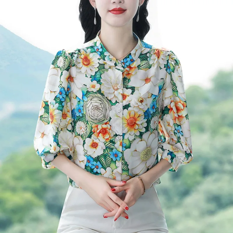 Chiffon Vintage Women's Shirt Summer Print Casual Women Blouses Loose Three Quarter Top O-neck Korean Version Clothing Sales