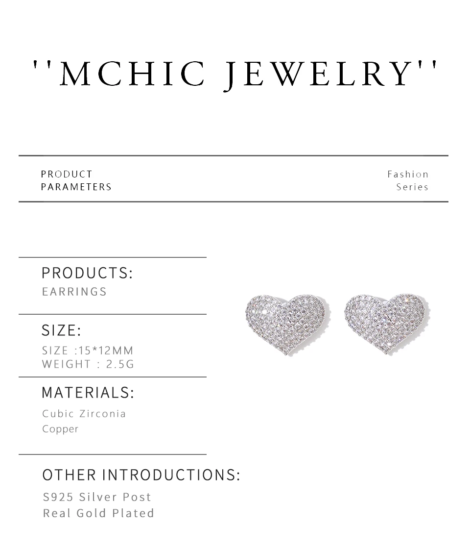 Mchic رائعة مايكرو مطعمة الزركون القلب وأقراط S925 الفضة آخر النحاس الحلو مجوهرات الأزياء للنساء بالجملة #6