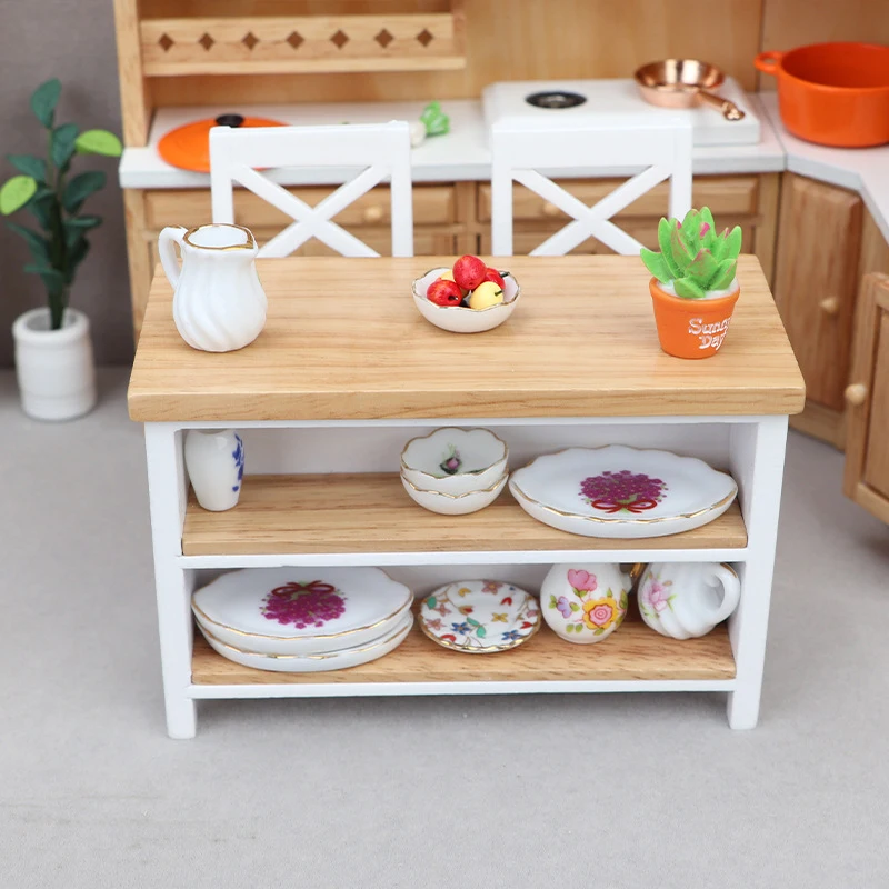 Doll House Model Furniture Accessories Wooden Dining Table Bench Bar Counter Doll House Kitchen Leisure Table With Storage Grids