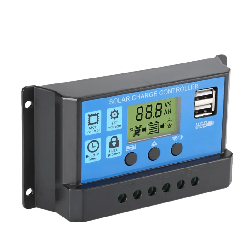 Controlador de energía solar con PWM y pantalla LCD para el hogar, dispositivo de gestión de carga solar con doble salida USB 5V, 12V y 24V, 60A/50A/40A/30A/20A/10A