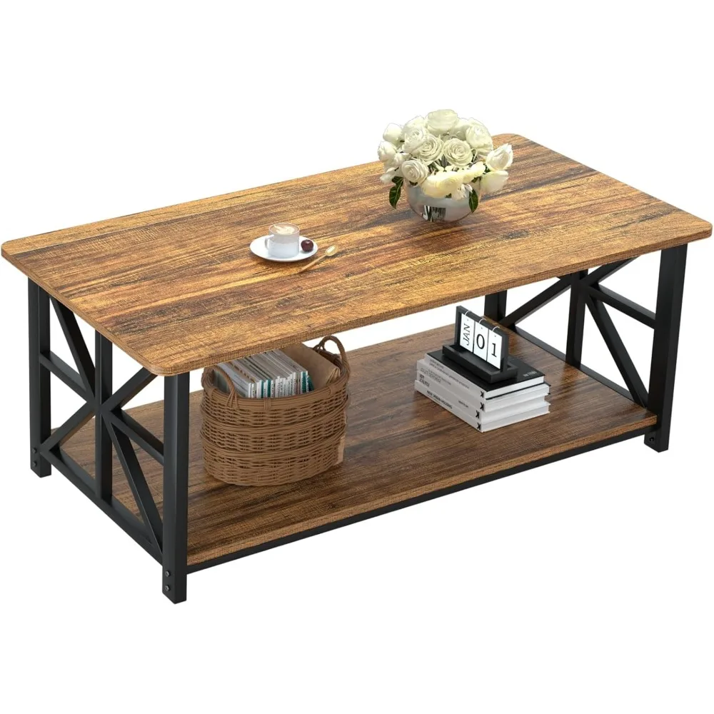 

Coffee Table with Round Corner, Farmhouse Center Table with 2-Tier Storage Shelf X-Frame Design for Living Room, 39