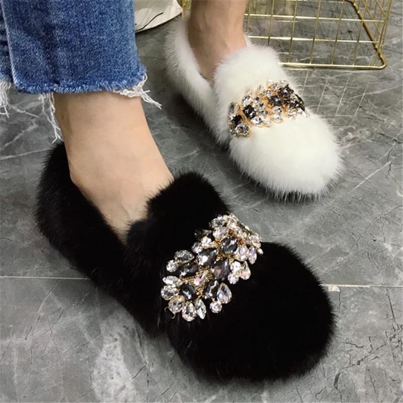 Black Women Flats Crystal Casual Moccasins Winter Warm Fur Loafers Real Mink Fur Espadrilles Lady Slip-on Walking Driving Shoes