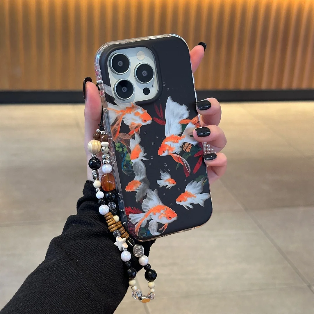 

Goldfish swimming Phone Case For iPhone 16 16E 15 17 13 14 Pro Max Good Lucky Symbolism Pattern Cover with Lanyard chain﻿﻿