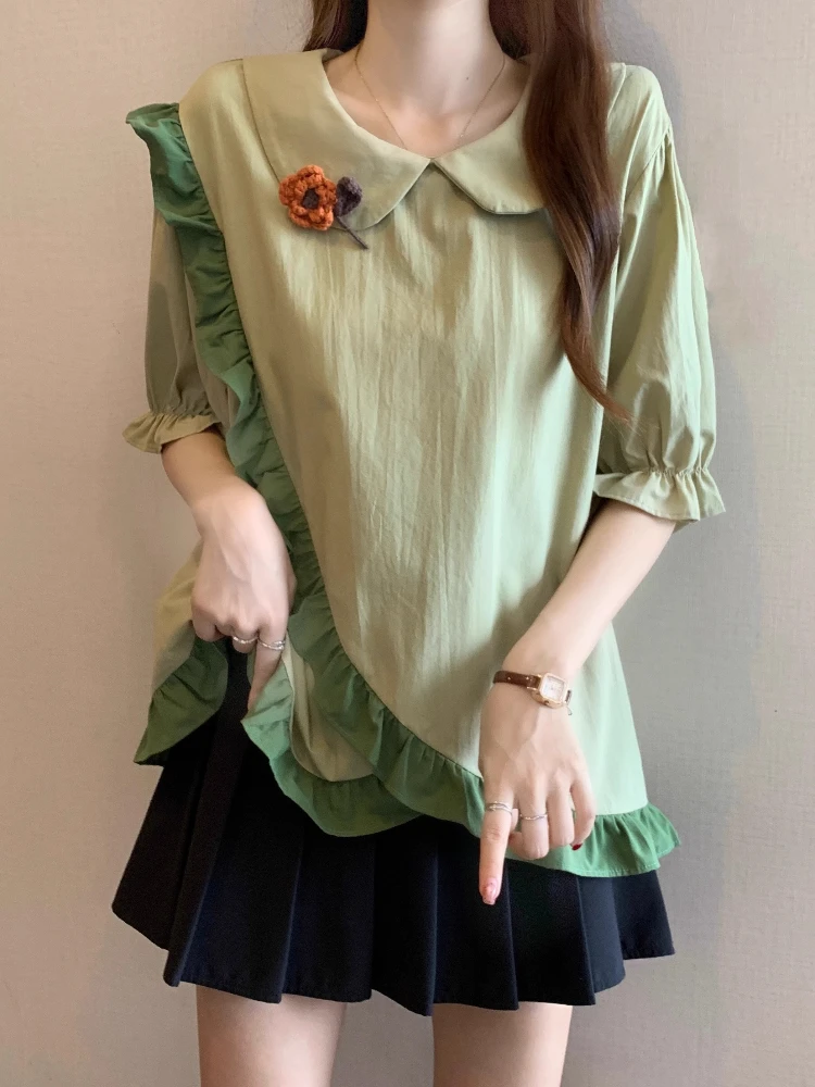 

Fashion Sweet Shirts Peter Pan Collar Ruffles Patchwork Irregular Oversized Blouses Summer Casual Loose 2025 New Women Clothing