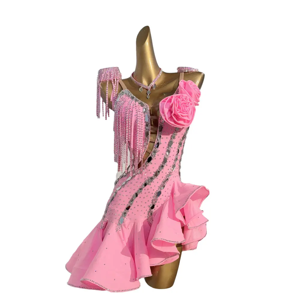 라틴 댄스 의상, 라인 석, 성인과 어린이를위한 하이 엔드 맞춤형 중공 드레스, 삼바 하이 플래시 드레스
