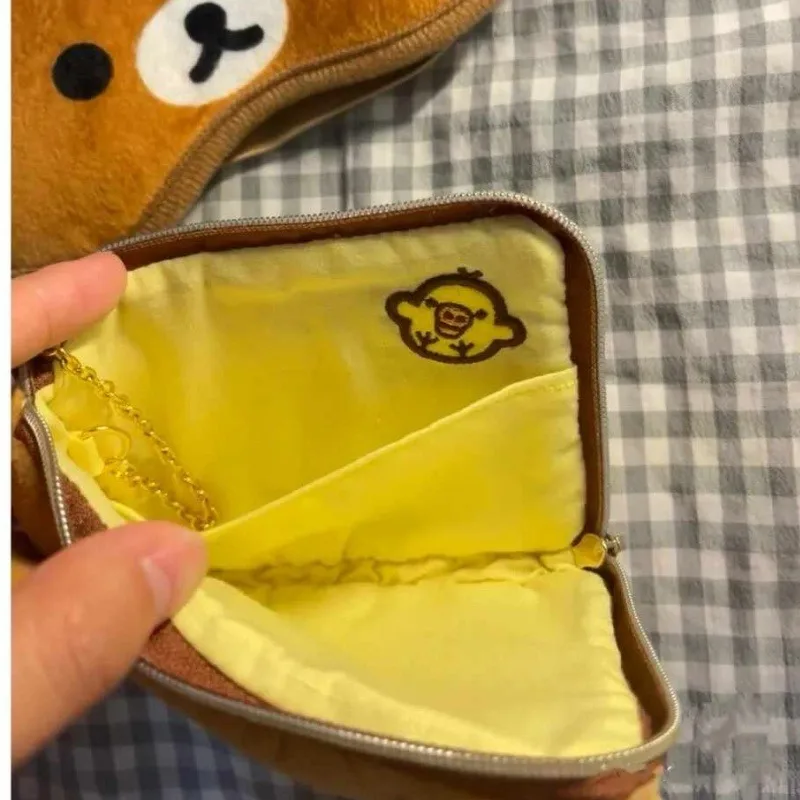 สาวการ์ตูนสแควร์ Rilakkuma 3D Plush การ์ดเหรียญกระเป๋าสตางค์ Kawaii Mini แบบพกพาซิปกระเป๋าจี้ตกแต่งของขวัญ