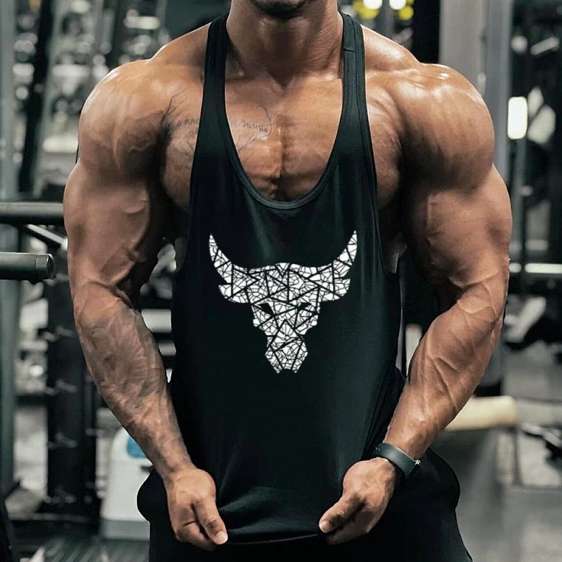 

Men's Geometric Bull Skull Stringer Vest - Gym Fitness Sleeveless Strap I-Back Top, Muscle Men's Training and Muscle Showcase