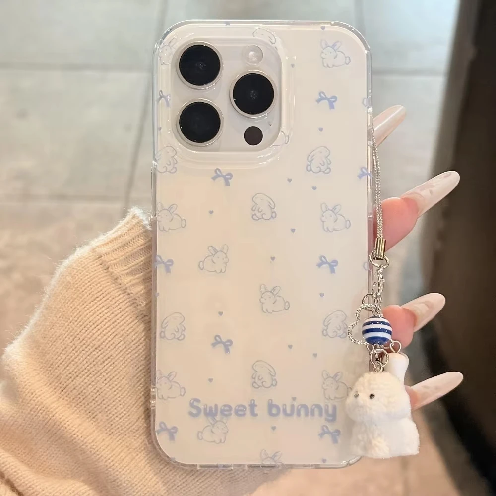 Чехол для телефона Kawaii Cartoon Lines Bunny Bowknot Love для iPhone 16 ProMax 15 14 Plus 13 12 11 Pro, противоударная силиконовая задняя крышка