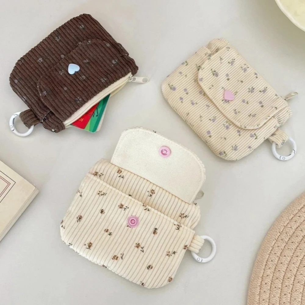Corduroy Printed Hasp Zipper Coin Purse with Key Ring Kids Cute Purse Small Wallet Zipper Credit Card Holder ID Bag Card Bag