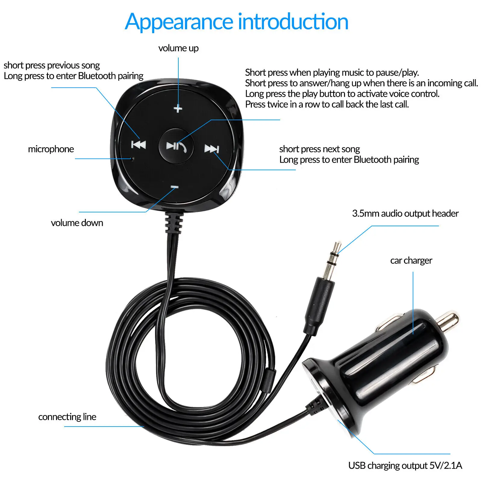 Wireless Car Stereo Audio receptor e transmissor adaptador, AUX-In, Bluetooth, FM