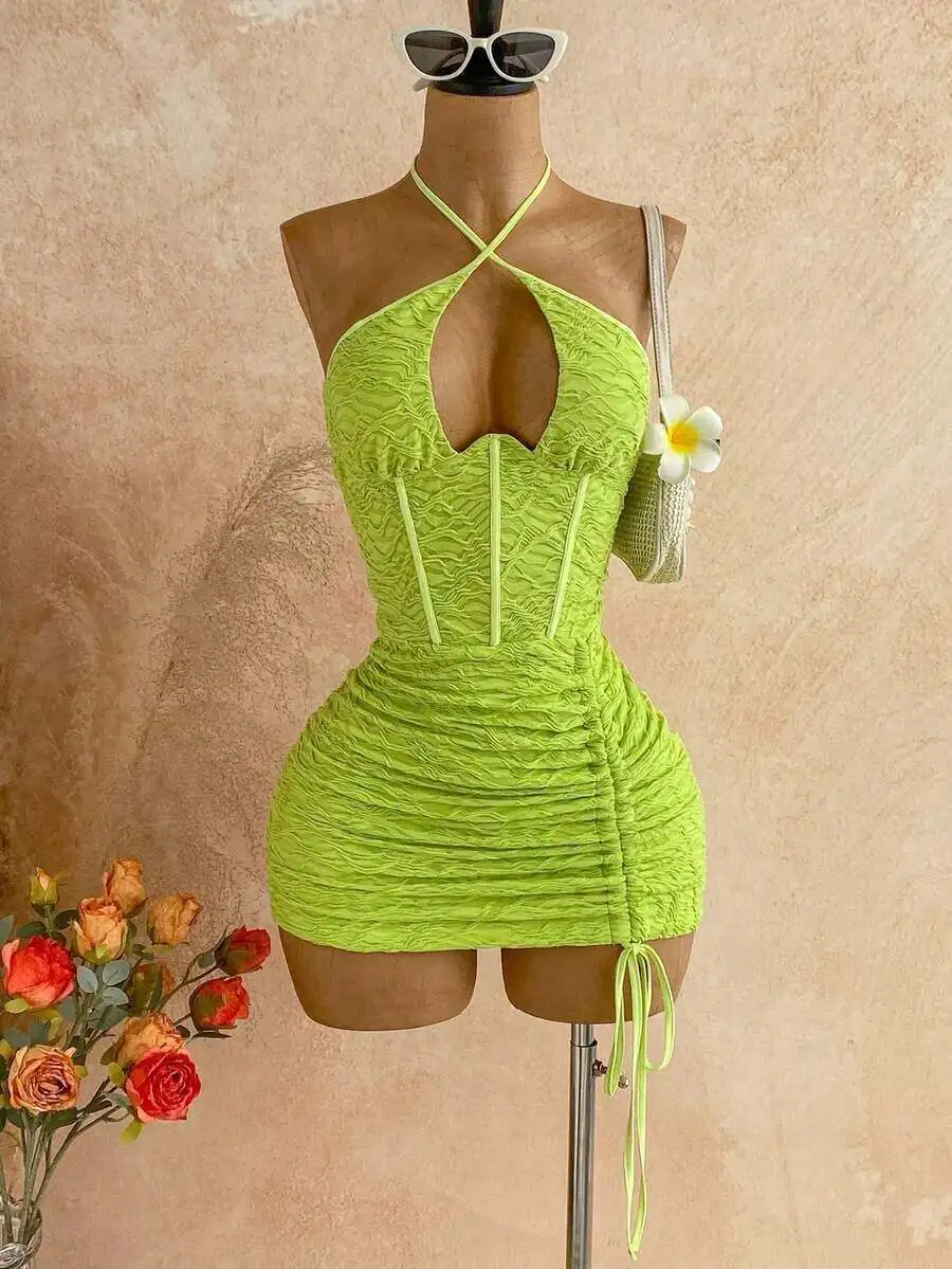

Womens Knitted Mint Green Hollow Out Backless Sexy Mini Dress With Drawstring
