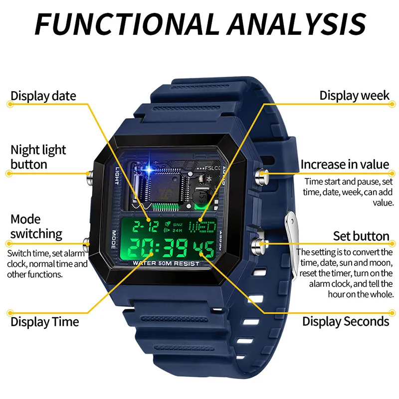 SANDA Top Brand Square Male Female LED Analog Digital Electronic Watch Multi Functional Countdown Waterproof Men's Wrist Watches