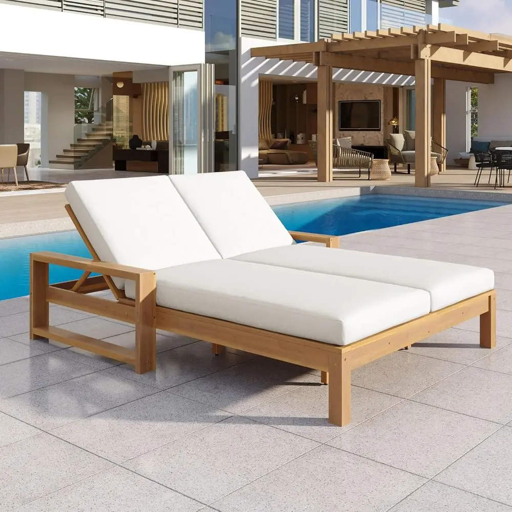 

Outdoor Double Chaise Lounge with Adjustable Backrest and Armrest, Weather-Resistant Patio Recliner Chair with Removable Cushion