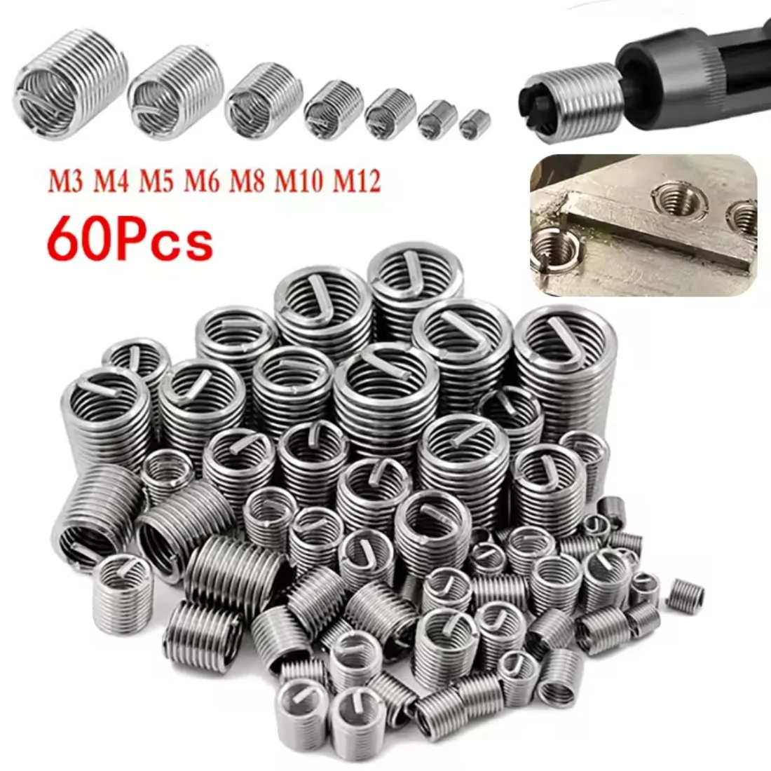60Pcs Wire Thread Coiled Helicoil Wire Inner Thread 304 Stainless Steel Helical Coiled Wire Repair Threaded Sleeve M3-M12