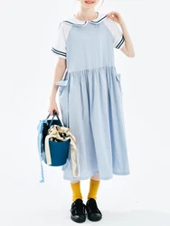 imakokoni summer new item contrasting splicing vertical stripe navy neck loose dress 244732