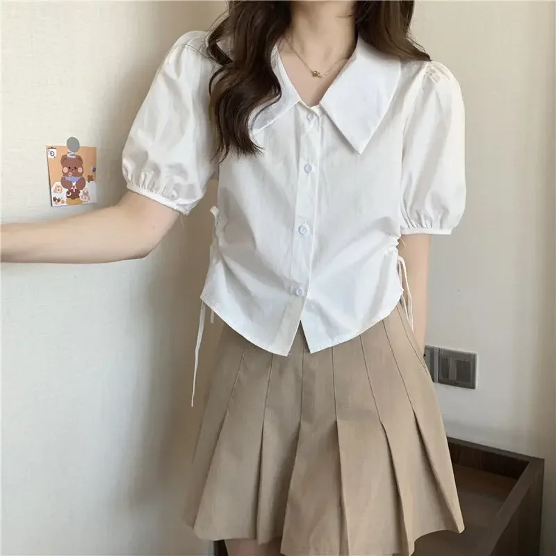 Shirts Women Sweet Solid Puff Sleeve Lace Up Simple Korean Style Square Collar Summer Leisure All-match Trendy Popular Hot Sale