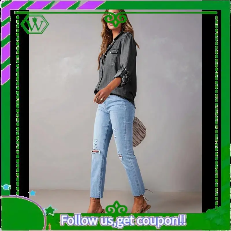 

A18P-Women Button Down Denim Shirts Casual Long Sleeve V Neck Chambray Blouse Top