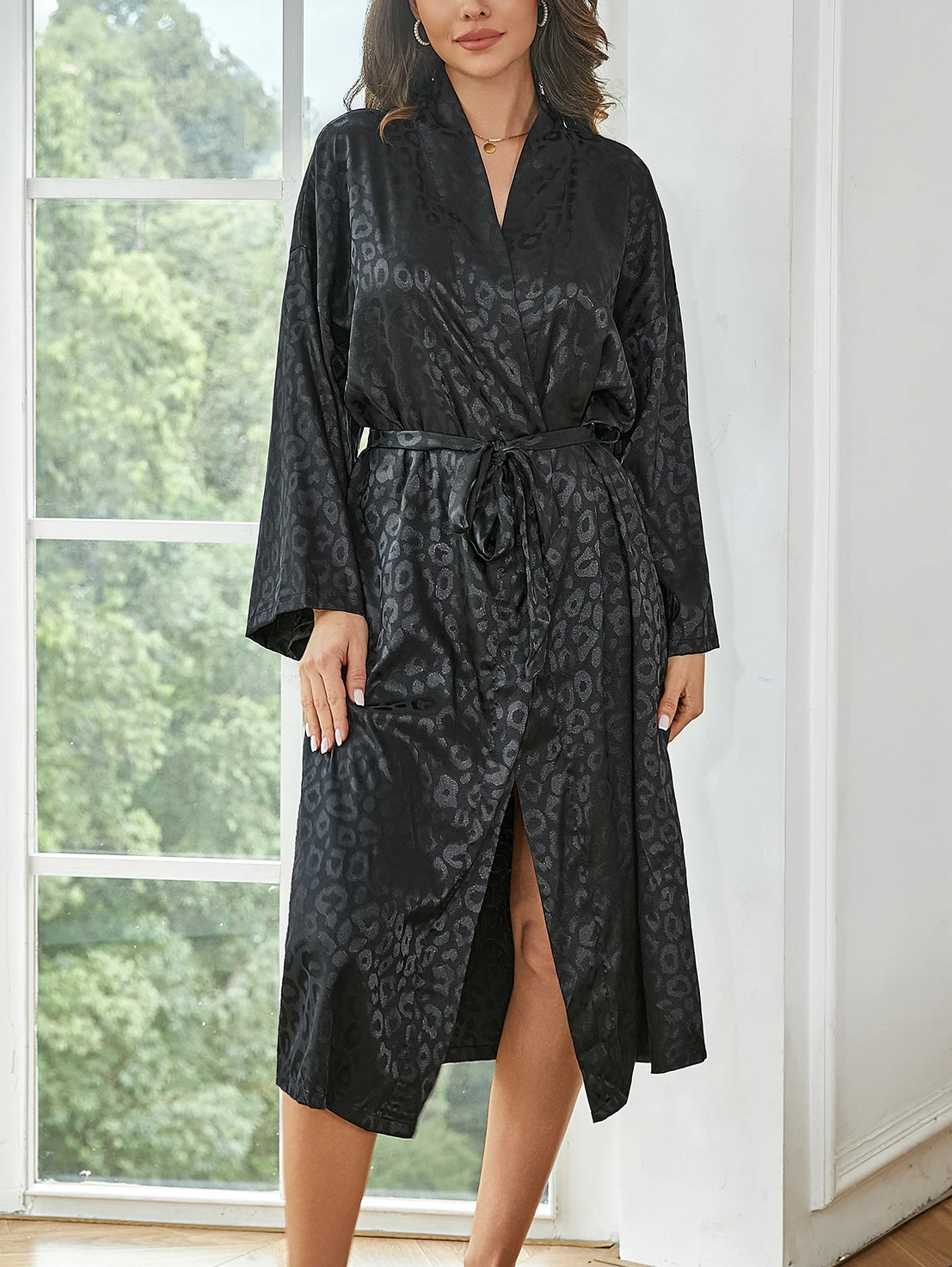 Цельная элегантная женская жаккардовая свободная ночная рубашка с длинными рукавами, крутая дышащая домашняя одежда для использования в помещении