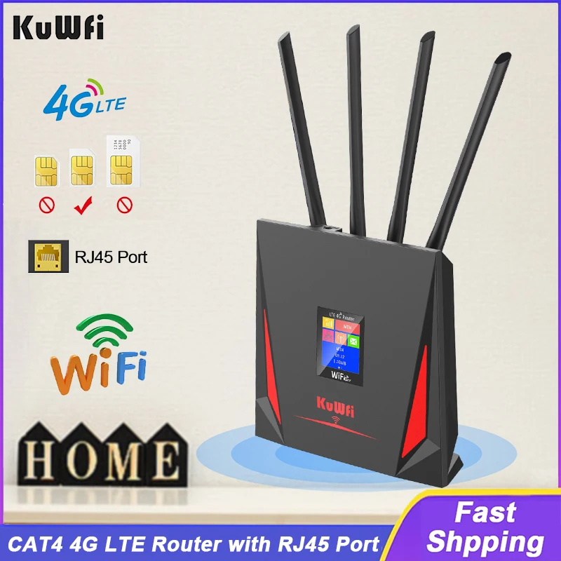 KuWFi CAT4 4G Router 2.4Ghz WiFi Router HOME Portable LTE Router with SIM Card Slot High Gain External Antennas RJ45 USB Port