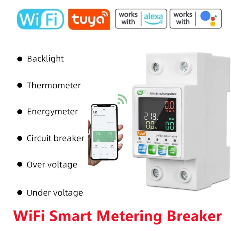 

Tuya WIFI Smart Circuit Breaker Single-Phase Energy Meter Auto-Reclosing Protection Mobile Phone APP Remote Control Protector