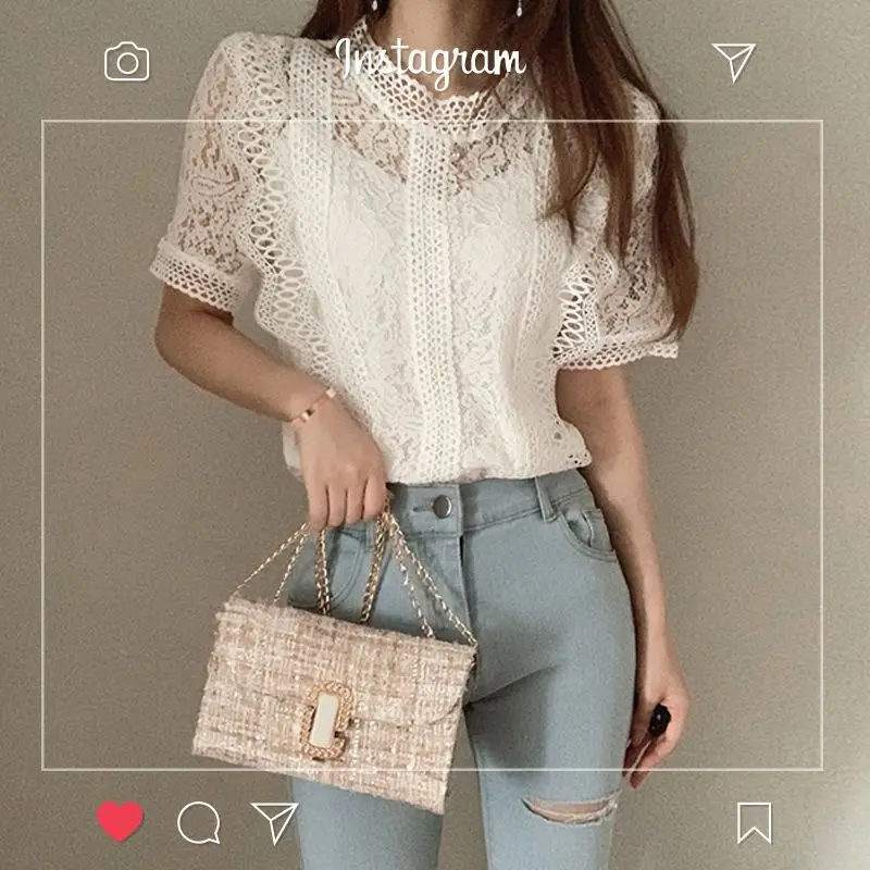 Lace Shirts and Blouses for Summer Short Sleeve Top Women Korean Fashion Woman Blouse 2024 Hollow Out O-neck Clothes 2024 New