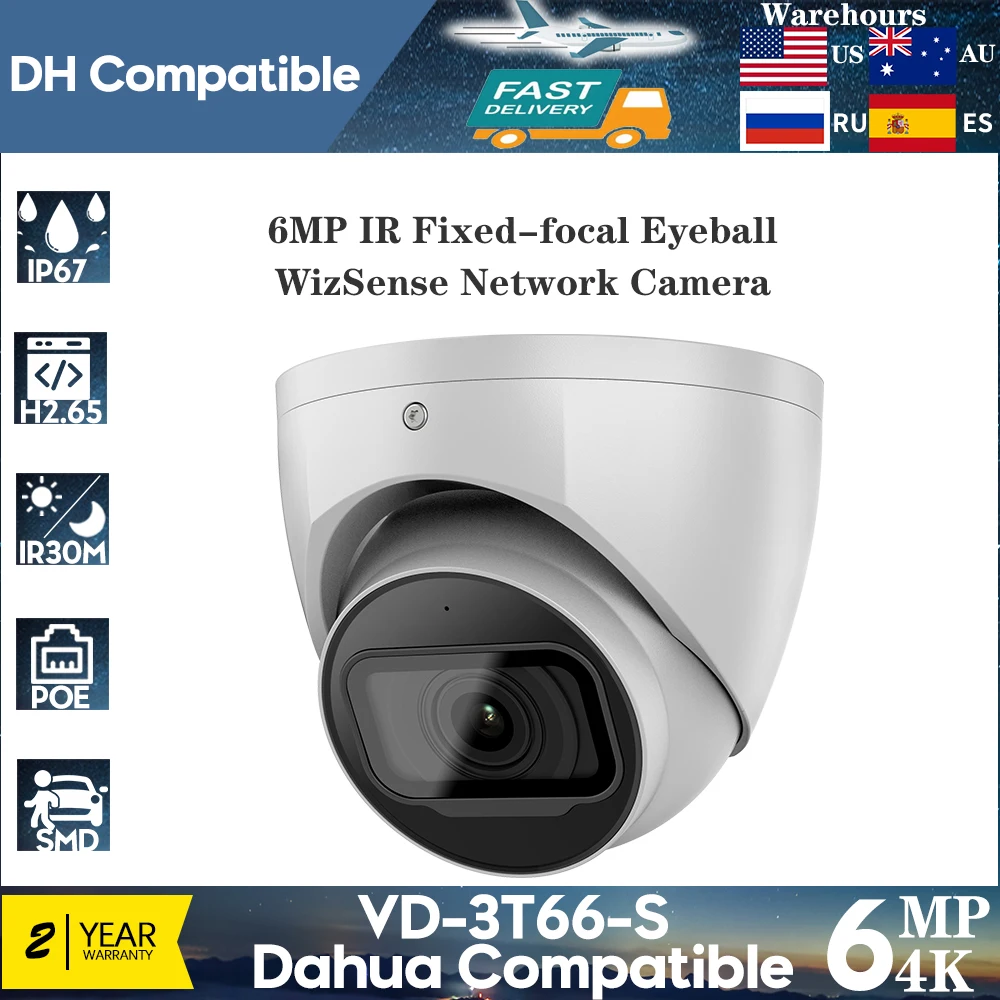 

Dahua Compatible 6MP VD-3T66-S IP Camera Built-in LED IR 30m security IR Fixed-focal Eyeball WizSense Network Camera