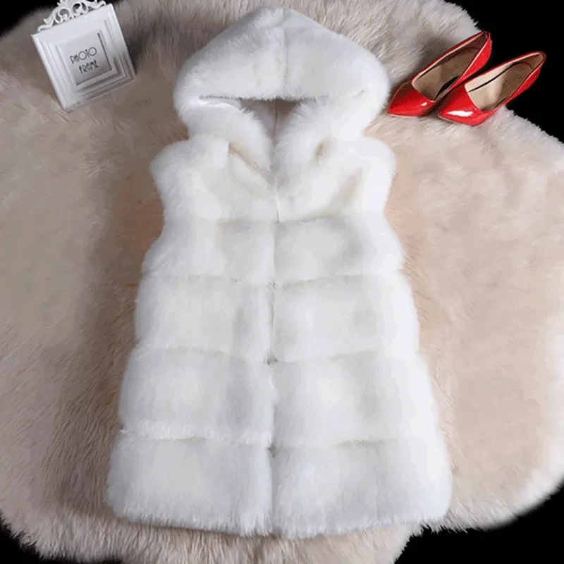 2025 Lady Fashion Fur Waistcoat Coat Winter Female Medium Length Faux Fur Vest Top Korean Women Hooded Plush Sleeveless Outwear