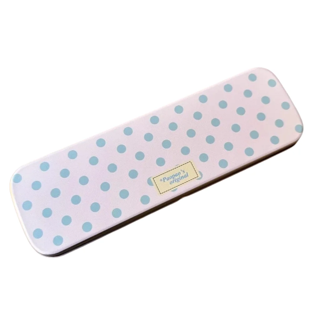 Polka Dot Pattern Metal Pencil Case Cartoon Pattern Portable Washi Tape Storage Box Long Rectangular Shape Vintage Style