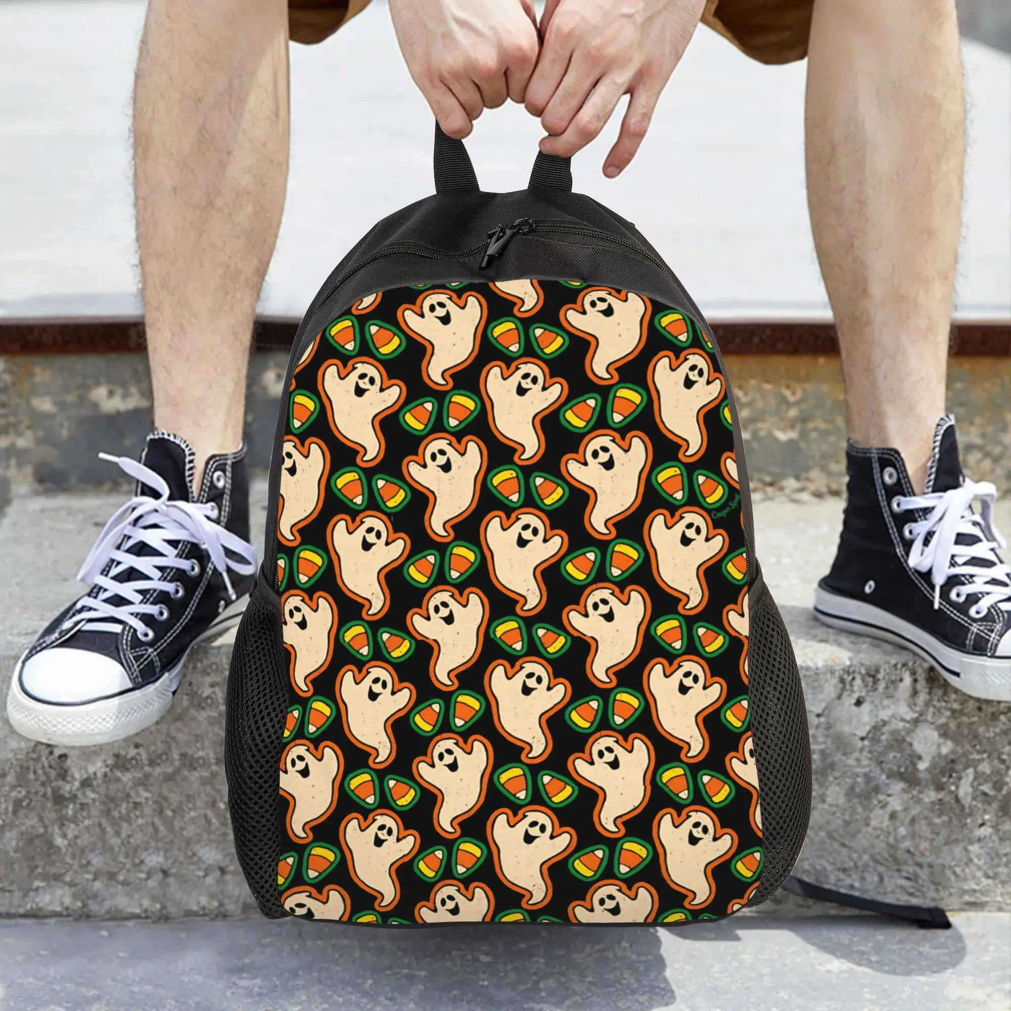 Fashion Halloween Tiny Skull Repeat Pattern Art Print backpack  mochila Harajuku Design Office Work Retro Washable Rucksack