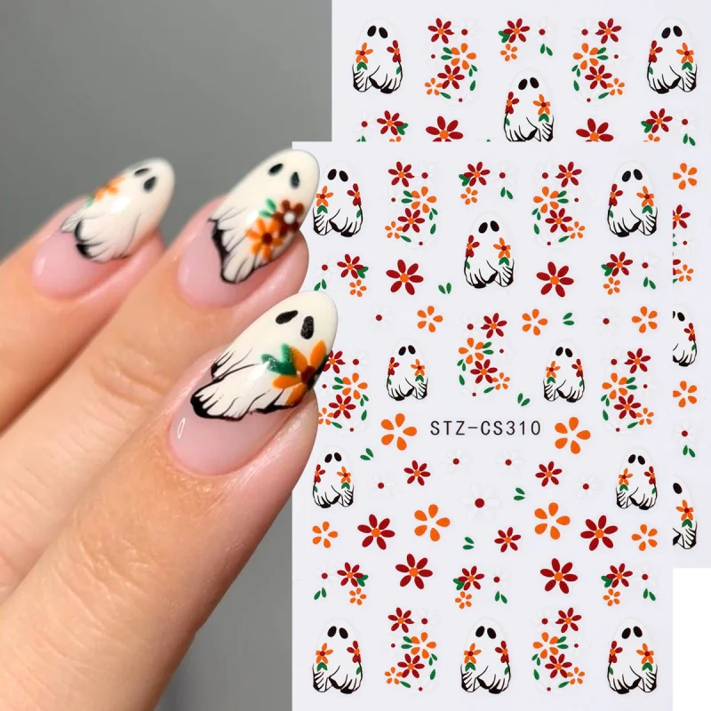 2 pezzi adesivi per nail art 3D Halloween fantasma spettrale e fiore decalcomanie autoadesive per cursori disegni simpatici cartoni animati per manicure festive