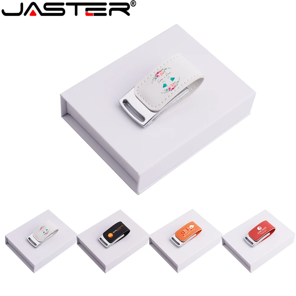 JASTER Leather Pen Drive 128GB with Paper Box USB 2.0 Flash Drives 64GB 32GB 16GB Free custom logo Creative Wedding Memory Stick