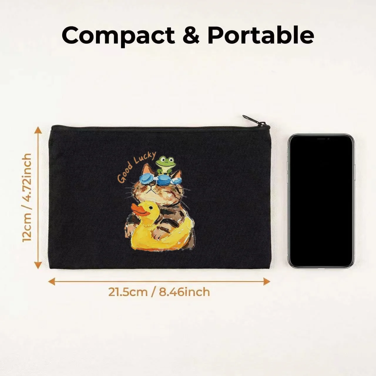 1PC Funny Vacation Cat With Blue Goggles Frog Duck Float Print Makeup Bag Double Sided Canvas Daily Storage Organizer